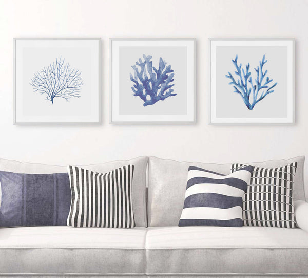 Blue Coral Watercolour Set of 3 Wall Art Prints-Art for Interiors-Online Framed-Australian Made Wall Art-Milk n Honey Designs