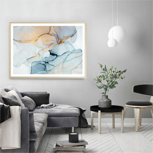 Blue Gold Ink Abstract Print-Art for Interiors-Online Framed-Australian Made Wall Art-Milk n Honey Designs